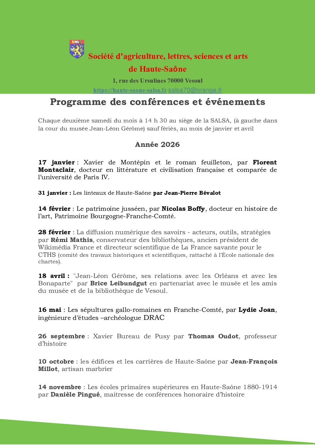 AGENDA : Programme des conférences 2026